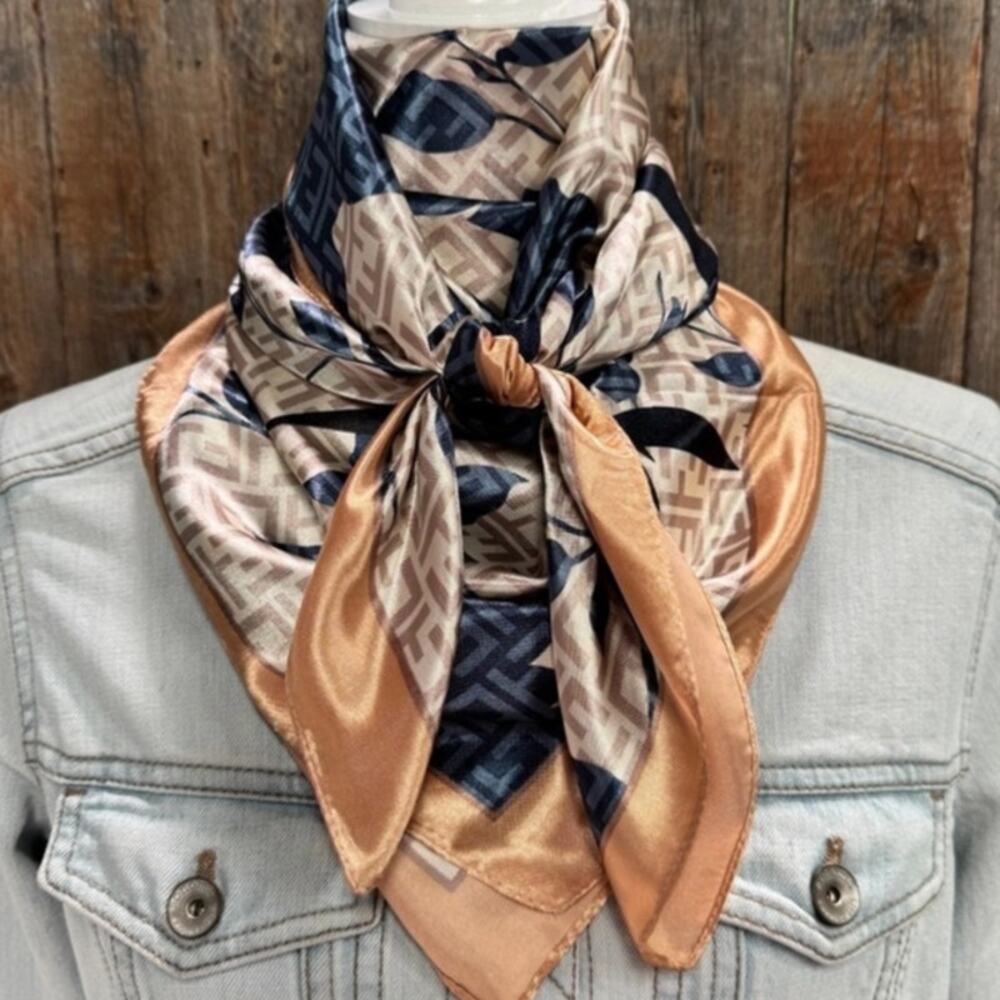 Navy and Cream Floral Printed Western Southwestern Wild Rag Scarf Accent